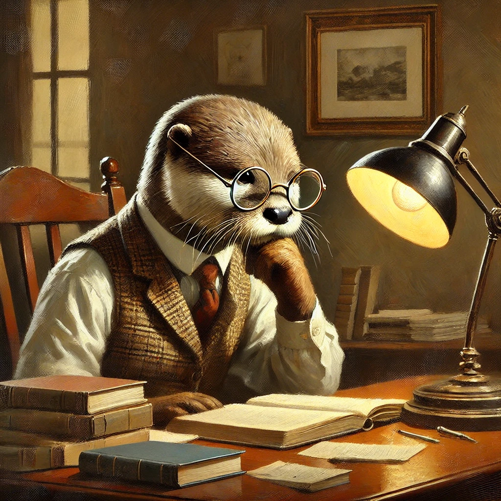 A mid-20th century style oil painting of a pensive otter sitting at a desk, deeply engaged in intellectual work. The otter is anthropomorphized, wearing round glasses and a tweed vest, with books and papers scattered around the desk. The scene includes a polished wooden desk with a small mirror placed on it, reflecting part of the room. The setting is warm and dimly lit, with a vintage lamp casting a soft glow, creating an atmosphere of quiet focus and intellect. The brushstrokes are textured and expressive, giving it the rich appearance of an oil painting.