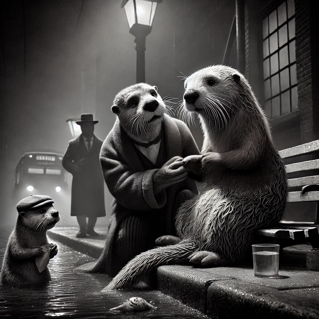 A black-and-white photorealistic scene of otters reenacting the iconic scene from 'A Streetcar Named Desire,' set in an urban environment. An elderly, weary otter named Blanche Otterbois sits on a worn city sidewalk, her fur unkempt and damp. Her arms and paws appear more realistic, naturally proportioned, and detailed. A large, authoritative sea otter, the Keeper of the Streets, gently takes her paw as he prepares to lead her away. Nearby, two otters watch—one wearing a little cap, the other holding a fish. Streetlights cast long shadows, and the atmosphere is melancholic and dramatic.