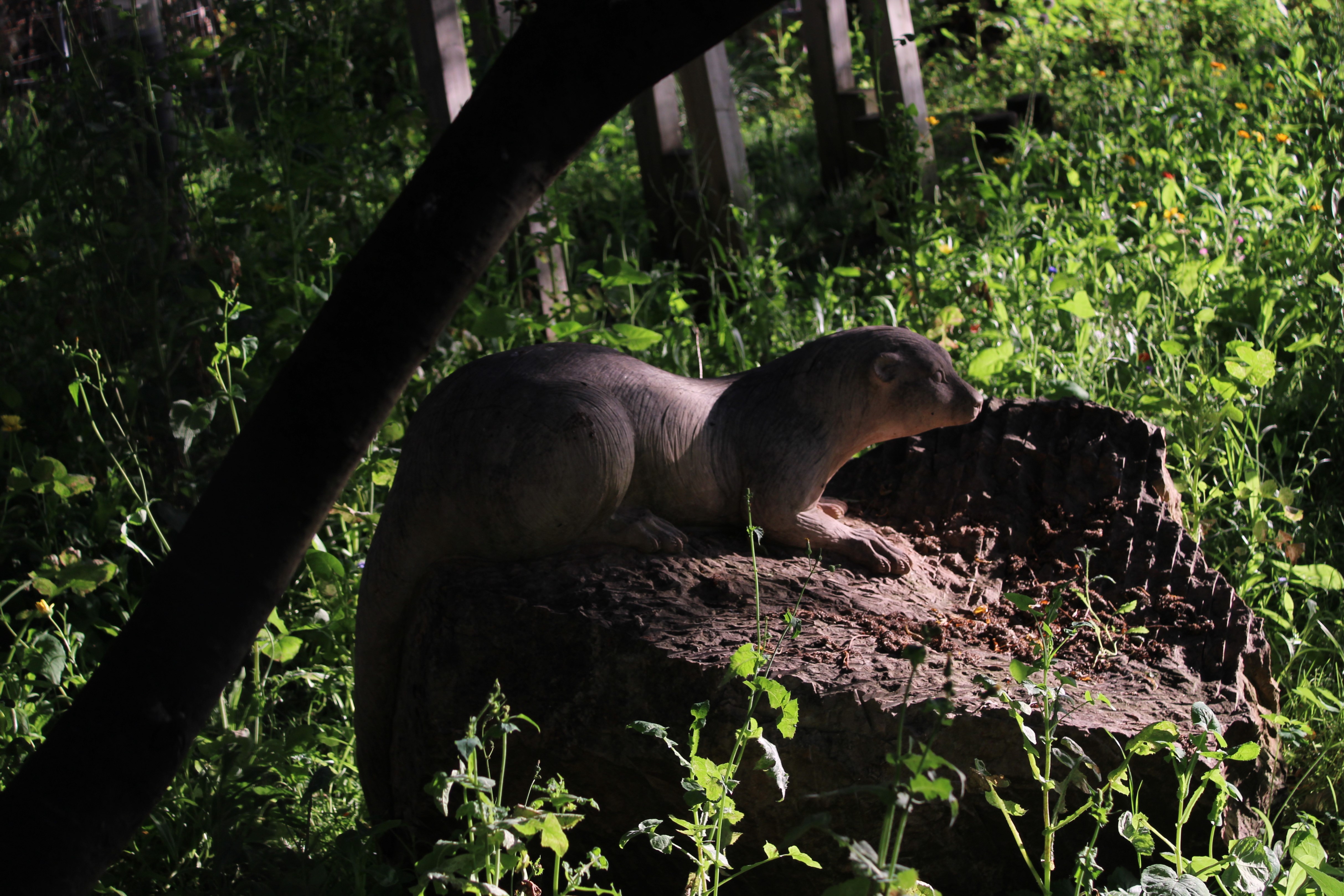 View of an otter statue in the garden area in City Island, London Borough of Tower Hamlets.
